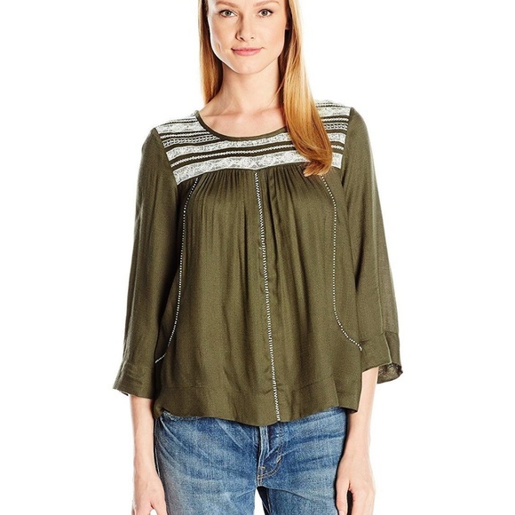 Lucky Brand Tops - Lucky Brand Woven Beaded Boho Blouse Olive 3/4 Slv